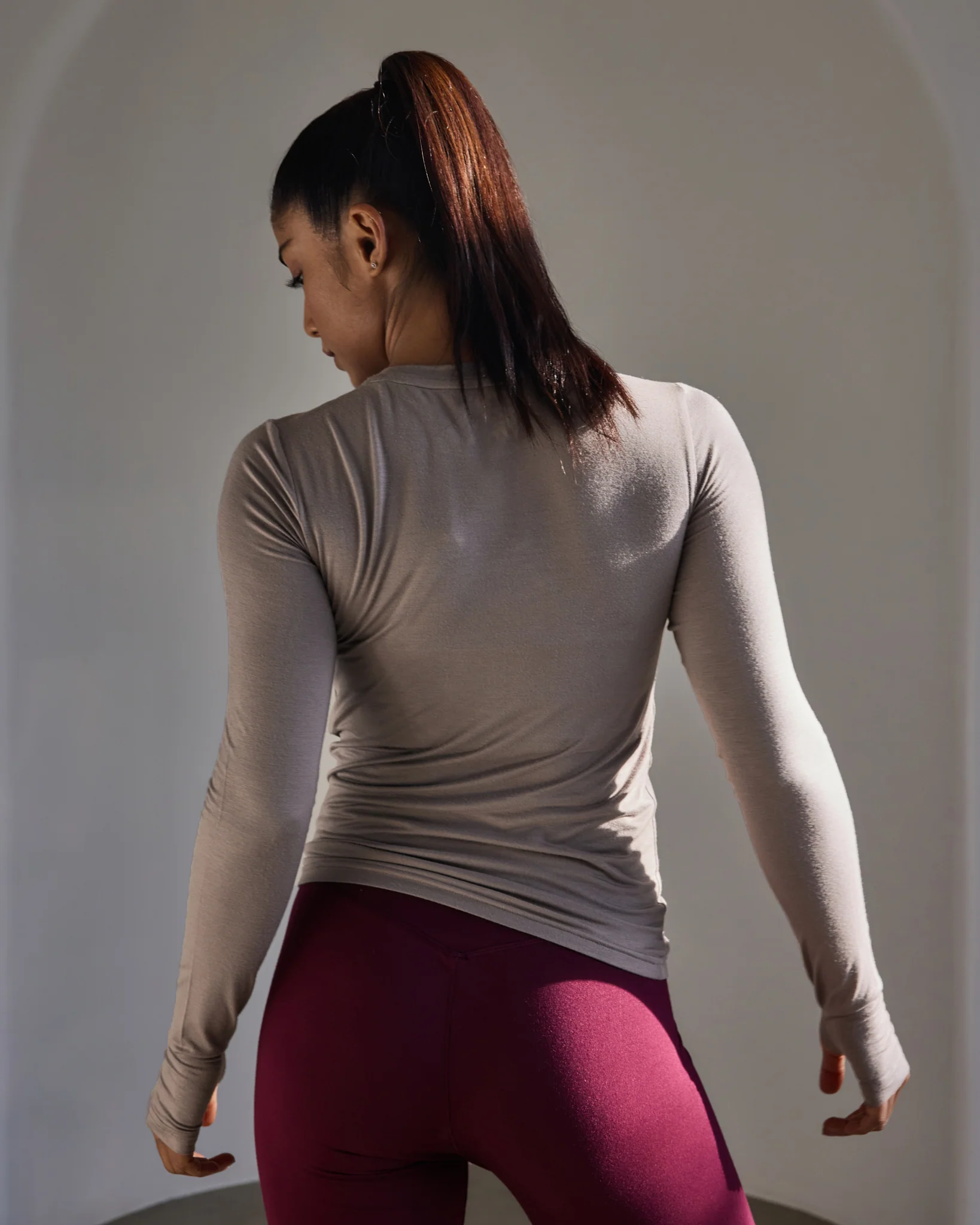 Aero Set Sand Grey Long Sleeve with Thumb Hole and Deep Berry Leggings - Image 3